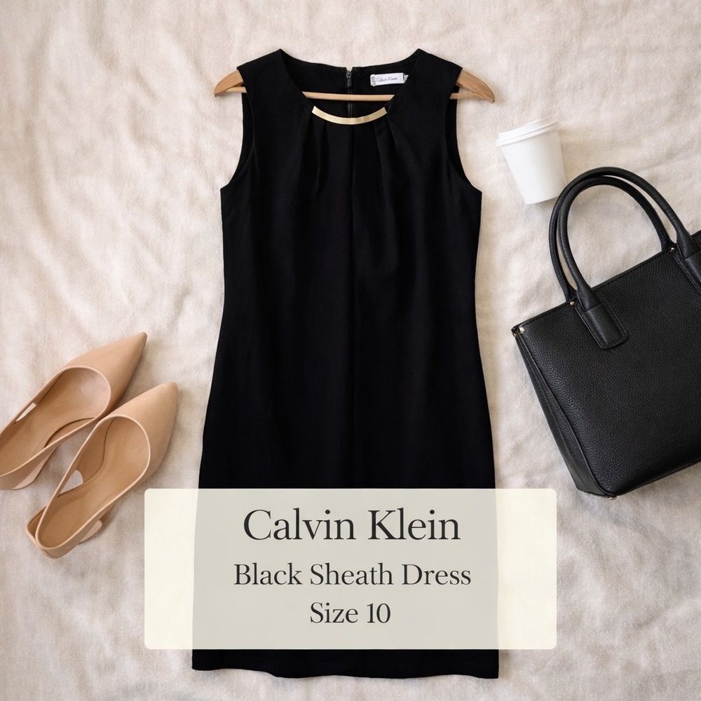 Calvin Klein Black Sleeveless Sheath Dress Gold Hardware Size 10